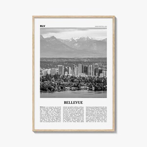 Bellevue Poster Print Black and White, Washington Travel Wall Art, Seattle Skyline Decor