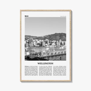 Wellington Poster Print Black and White, New Zealand Travel Wall Art, Coastal Skyline Photography