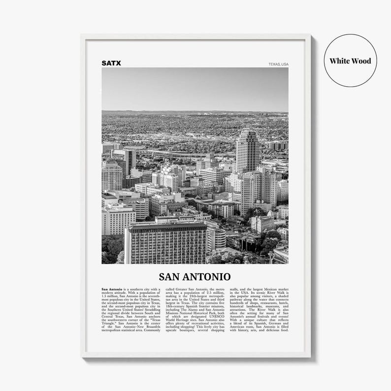 Póster de San Antonio en blanco y negro, arte mural turístico de Texas, fotografía del horizonte de SATX imagen 8