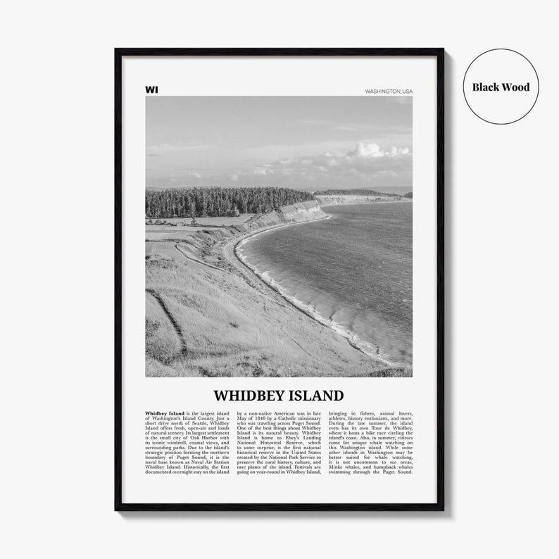 Whidbey Island Poster Print Black and White, Washington Travel Wall Art, Pacific Northwest Decor image 7