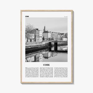 May include: Monochrome framed print of Cork, Ireland, featuring a river scene with a bridge and buildings. The print includes the text "CRK" and "IRELAND" at the top, and "CORK" in large letters at the bottom.