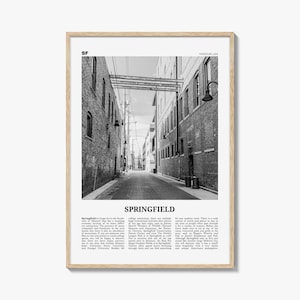 Impressão de pôster de Springfield em preto e branco, arte de parede de viagem do Missouri, fotografia de beco urbano