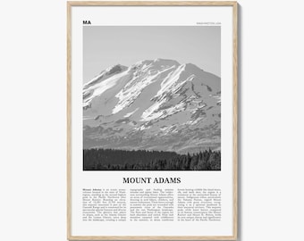 Plakat Mount Adams w czerni i bieli, sztuka ścienna z podróży po Waszyngtonie, wystrój północno-zachodniego Pacyfiku