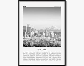 May include: A black and white framed wall art print featuring a panoramic view of the Seattle skyline with Mount Rainier in the background. The text SEA and SEATTLE are printed in bold, followed by a detailed descriptive paragraph about the city.