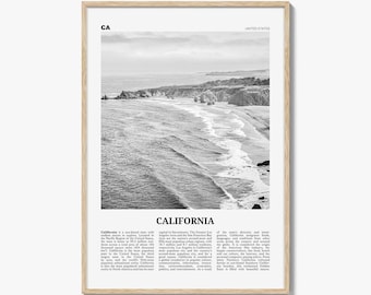 Póster de California en blanco y negro, arte mural de viajes por EE. UU., decoración costera de la Costa Oeste