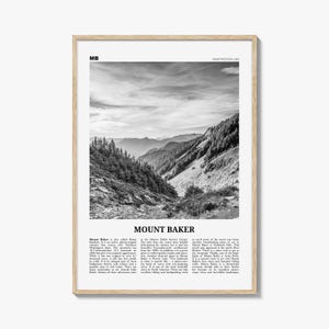 Mount Baker Poster Print Black and White, Washington Travel Wall Art, Pacific Northwest Decor