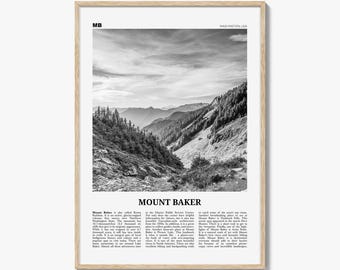 Mount Baker posterprint zwart-wit, Washington Travel Wall Art, decor Pacific Northwest