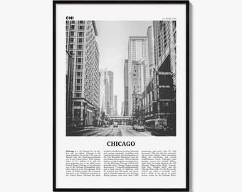 Chicago Poster, Black and White Street Photo Print, Travel Newspaper Wall Art