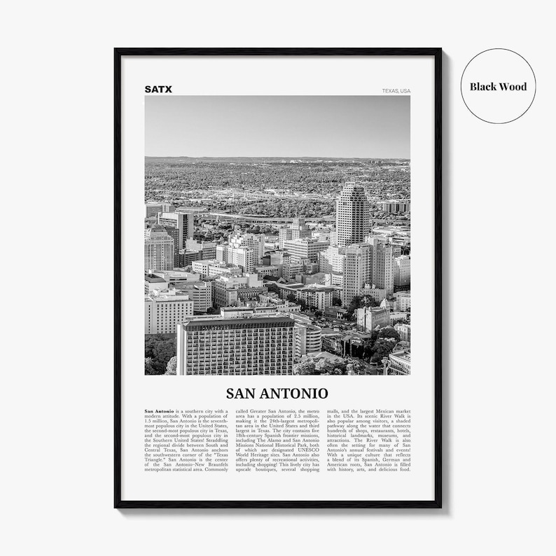Póster de San Antonio en blanco y negro, arte mural turístico de Texas, fotografía del horizonte de SATX imagen 7