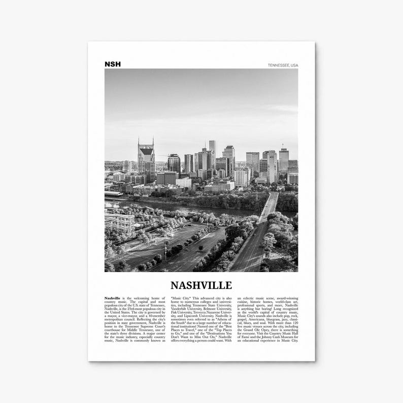 Nashville Poster, black and white skyline photo print, print only (unframed)