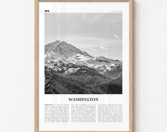 Washington State Print Black and White, Washington State Mountain Wall Art, Mount Rainier, USA