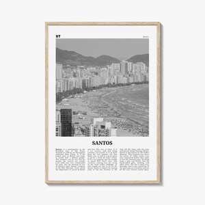 Impresión en blanco y negro de Santos, arte mural de Santos, póster de Santos, foto de Santos, decoración de pared de Santos, mapa de Santos, Brasil