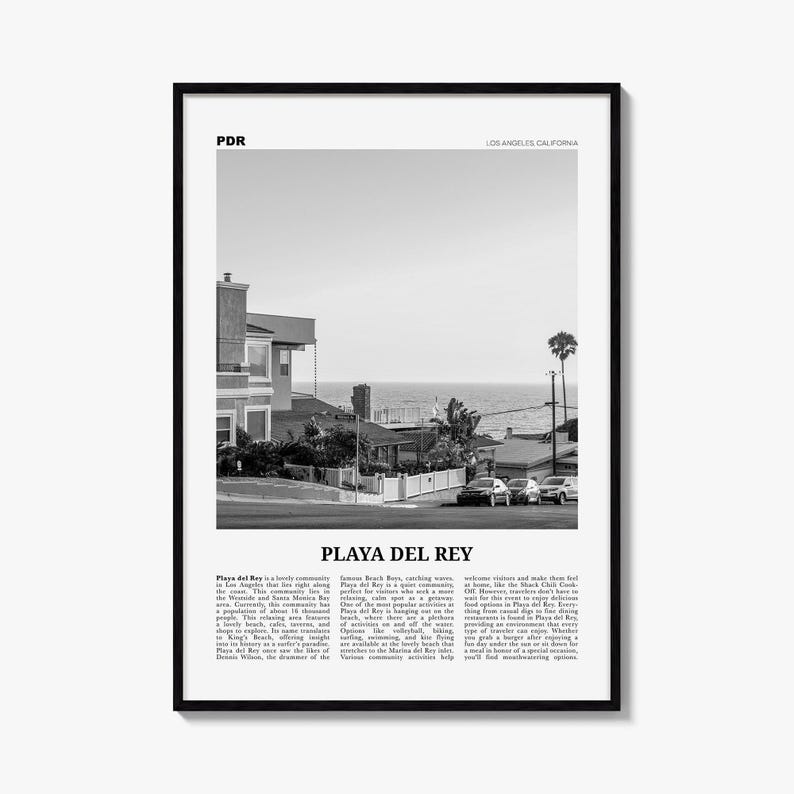 Playa del Rey Poster, Black and White Photo Print, Travel Newspaper Wall Art image 1