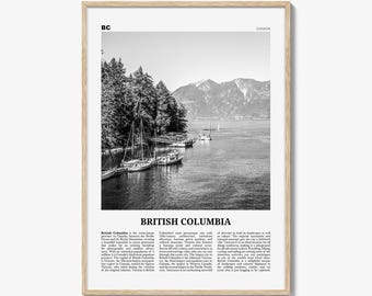 Póster de Columbia Británica en blanco y negro, arte mural de viaje a Canadá, decoración costera de Vancouver
