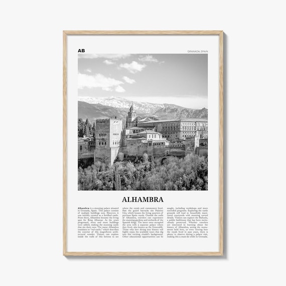 Alhambra Poster Print Black and White, Historic Palace Photo, Spain Travel Wall Art, Granada