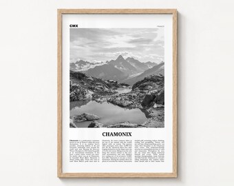 Plakat z Chamonix, czarno-biała grafika ścienna z Alpami, Francja