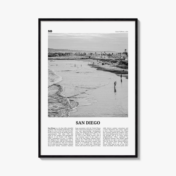 San Diego Poster, Black and White Photo Print, Travel Newspaper Wall Art, Home Decor