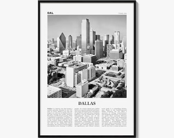 May include: A black and white framed wall art print featuring an aerial cityscape of Dallas, Texas. The top left corner displays the text DAL, the top right reads TEXAS USA, and the bottom center features the word DALLAS above descriptive text.