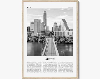 Póster de Austin en blanco y negro, arte mural de viaje a Texas, decoración del horizonte de ATX