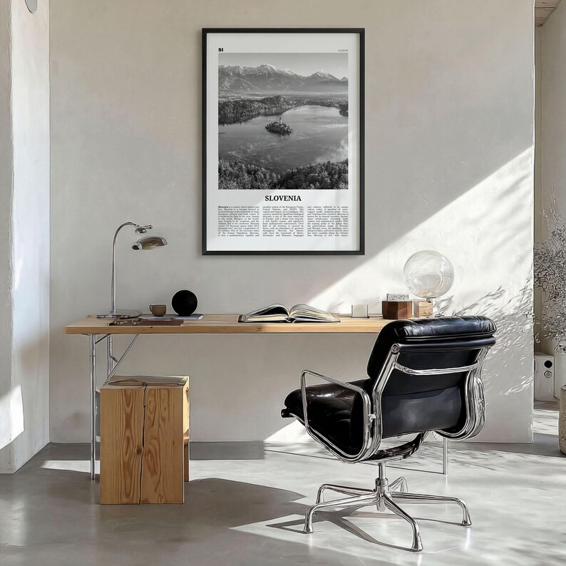 Póster de Eslovenia en blanco y negro, foto del lago Bled, arte mural de viaje por Europa Central imagen 3