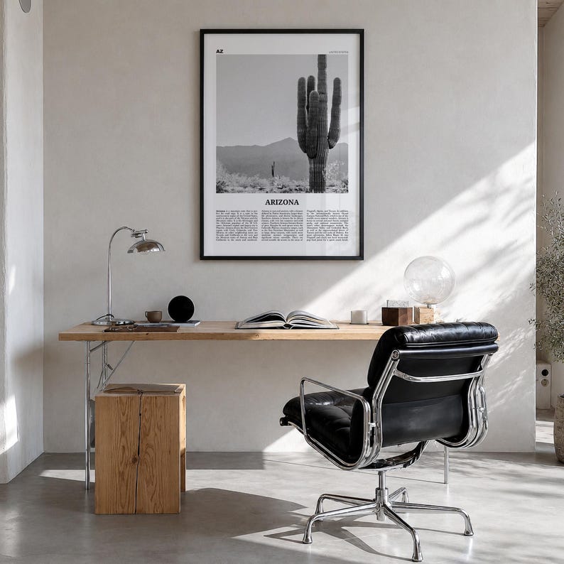 Arizona Poster, Black and White Photo Print, Travel Newspaper Wall Art, Home Decor Premium Black Wood Frame
