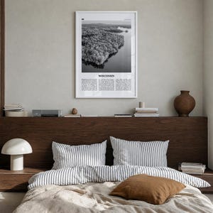 Wisconsin Poster, Black and White Photo Print, Travel Newspaper Wall Art, Home Decor Premium White Wood Frame