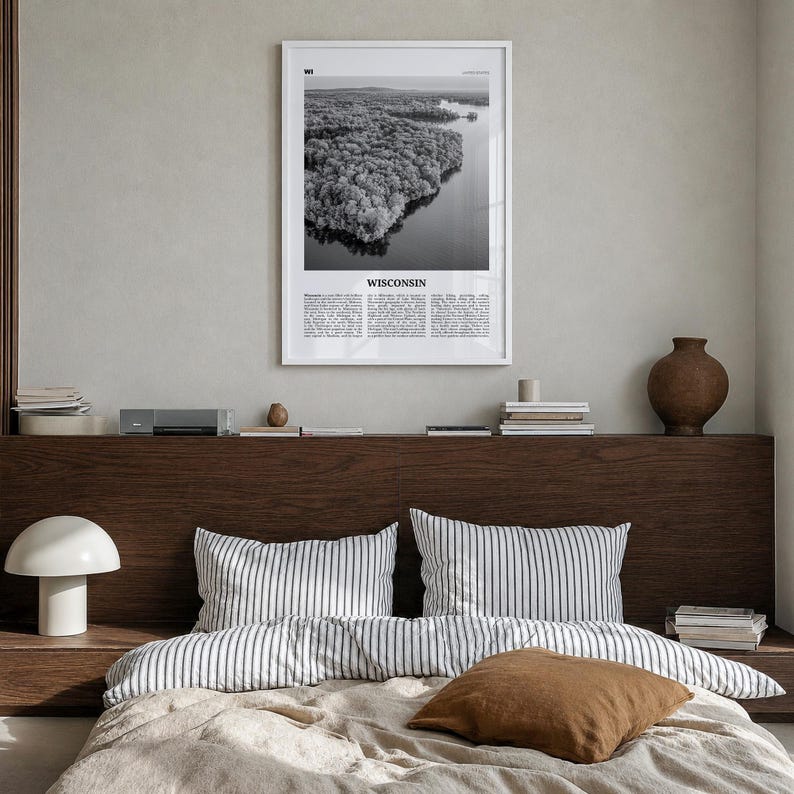 Wisconsin Poster, Black and White Photo Print, Travel Newspaper Wall Art, Home Decor Premium White Wood Frame