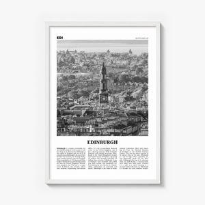 Edinburgh Poster, black and white photo print in a white wood frame