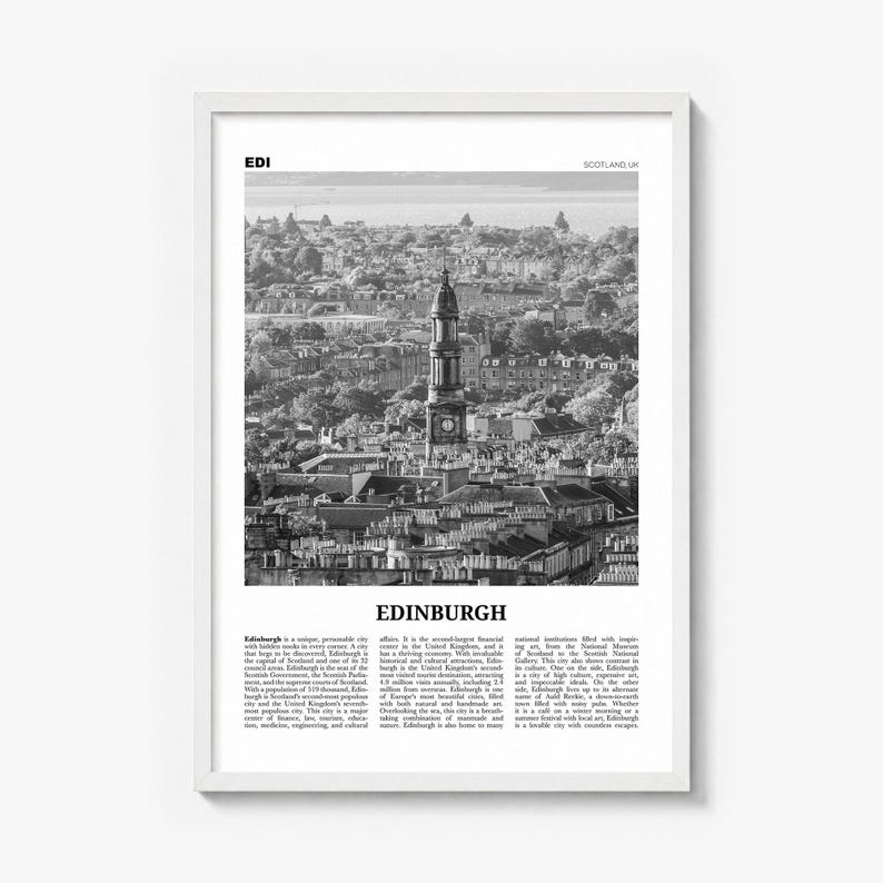 Edinburgh Poster, black and white photo print in a white wood frame