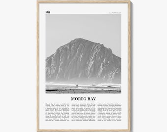 Morro Bay Poster Print Black and White, Morro Rock Photo, California Travel Wall Art