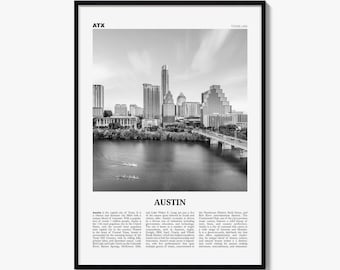 Austin-Poster, Schwarz-Weiß-Foto der Skyline, Wandbild im Reisezeitungs-Stil