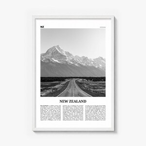 New Zealand Poster, black and white photo print in a white wood frame