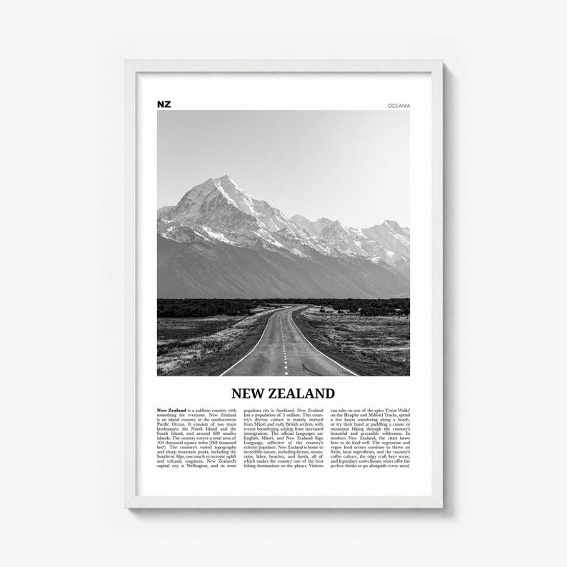 New Zealand Poster, black and white photo print in a white wood frame