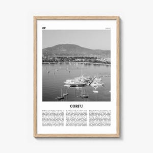 Corfu Poster, black and white photo print in a natural wood frame