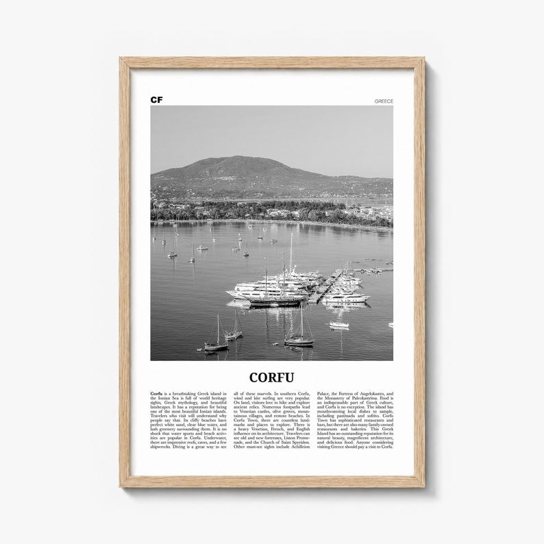 Corfu Poster, black and white photo print in a natural wood frame