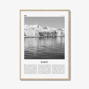 Poster di Rabat in bianco e nero, arte murale di viaggio in Marocco, arte della città costiera