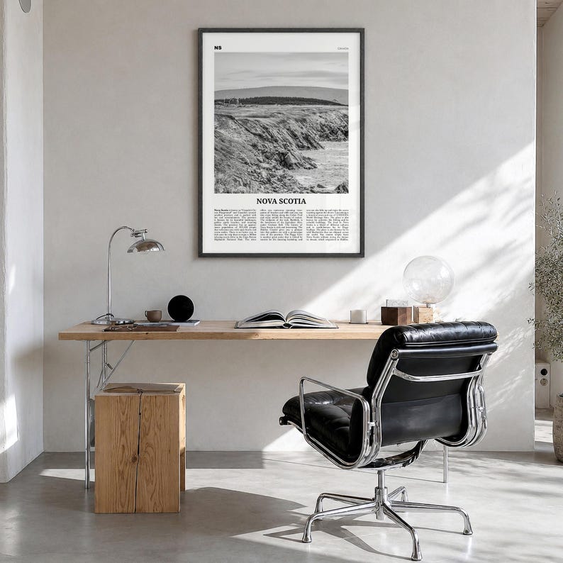 Nova Scotia Poster, black and white photo print in a black wood frame, hanging in a bright home office