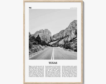 Texas Poster Print Black and White, United States Travel Wall Art, Mountain View Art