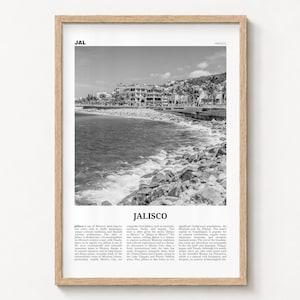 Plakat Jalisco, czarno-biała sztuka ścienna z widokiem na morze, Meksyk