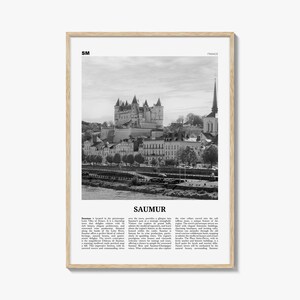 Impresión en blanco y negro de Saumur, arte mural de Saumur, póster de Saumur, foto de Saumur, decoración de pared de Saumur, mapa de Saumur, Francia