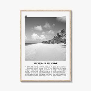 Póster de las Islas Marshall en blanco y negro, arte mural de viaje a Oceanía, impresión de playa