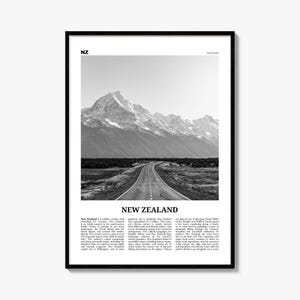 New Zealand Poster, black and white photo print in a black wood frame