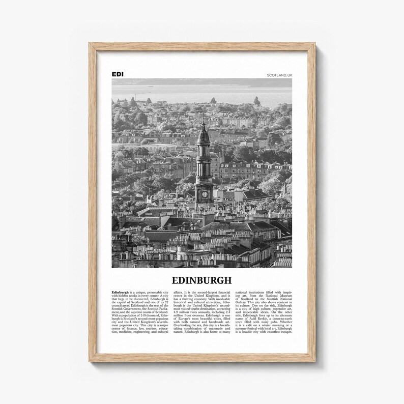 Edinburgh Poster, black and white photo print in a natural wood frame