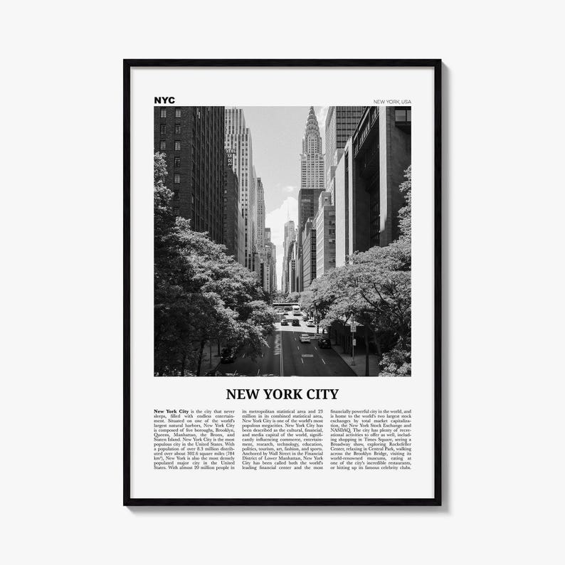 New York City Poster, Black and White Skyline Photo Print, Travel Newspaper Wall Art image 1