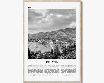 Plakat z Chorwacji w czerni i bieli, sztuka ścienna z podróży po Europie, wystrój wybrzeża Chorwacji