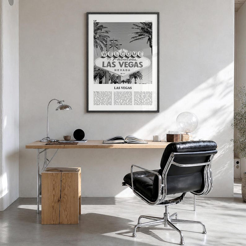 Las Vegas Poster, black and white palm photo print in a black wood frame, hanging in a bright home office