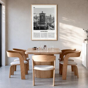 Edinburgh Poster, black and white monument photo print in a natural wood frame, hanging in a dining room