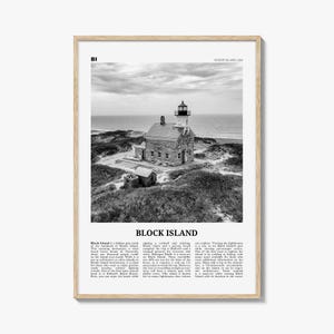 Póster de Block Island en blanco y negro, foto de un faro, arte mural de viaje de Rhode Island, costero