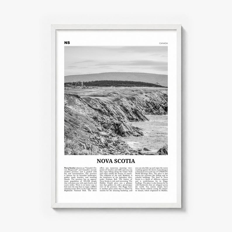 Nova Scotia Poster, black and white photo print in a white wood frame