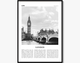 London Poster, Black and White Photo Print, Travel Newspaper Wall Art, Home Decor